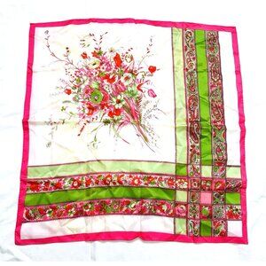 Vintage Glentex Scarf Floral Flowers Bouquet Paisley Japan 25x26” Red Pink Green
